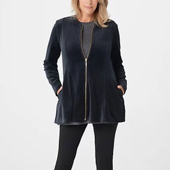 Denim & Co. Velour Fit & Flare Jacket with Rib Bomber Collar - Picture 1 of 5